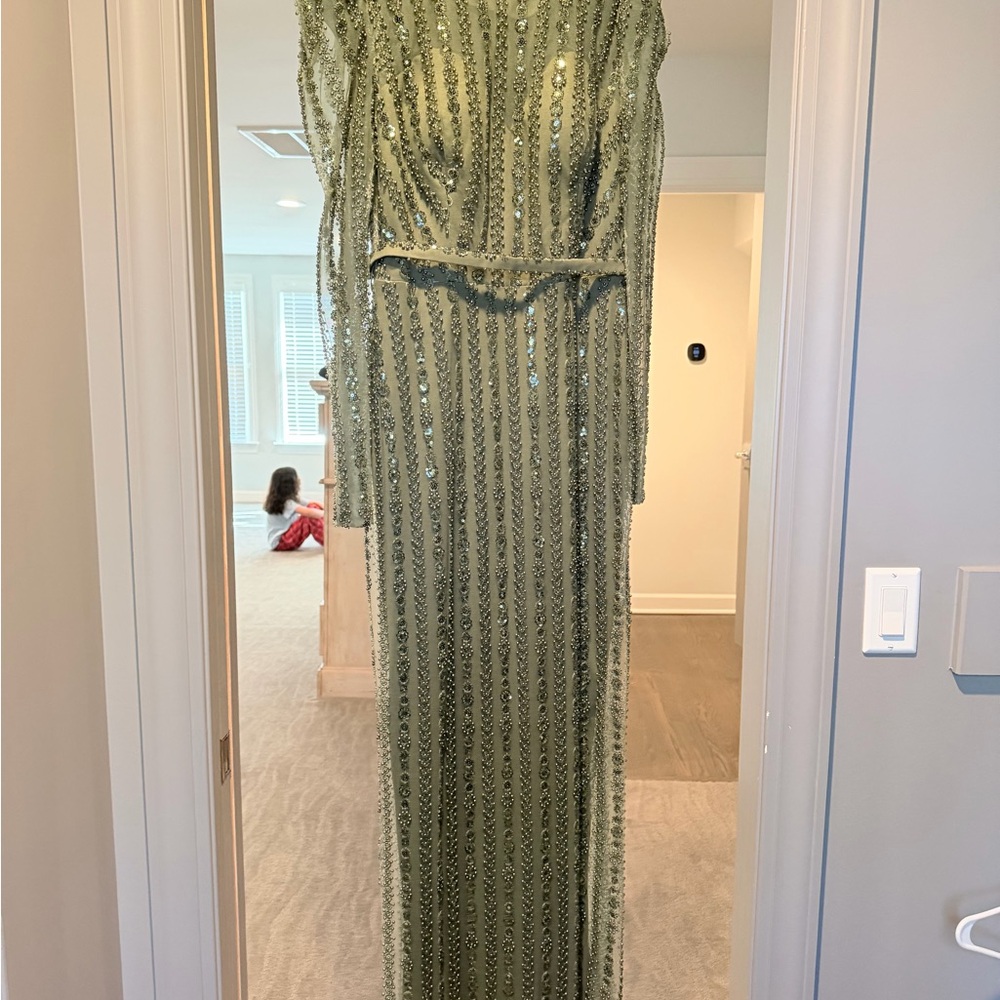 Olive Green Long Sleeve Sequined Evening Gown